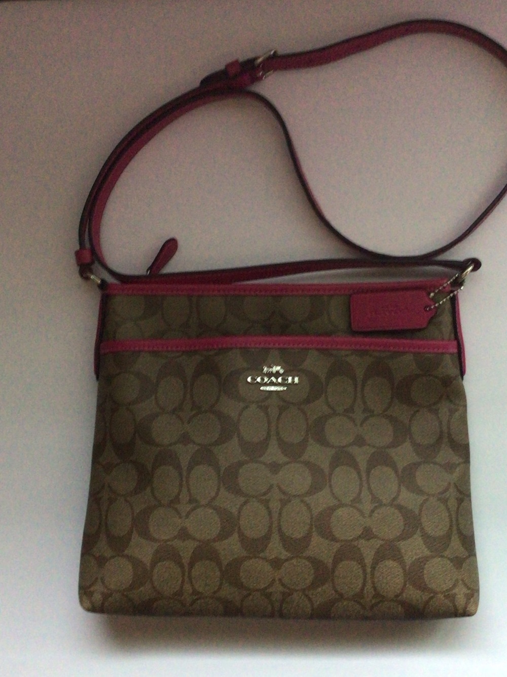 Coach Brown Signature Crossbody with Pink Trim